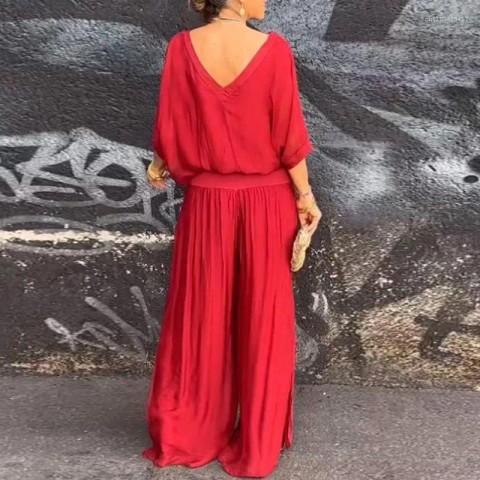 Women's Comfortable Two Piece Chiffon Set with V-Neck Blouse and Loose Pants