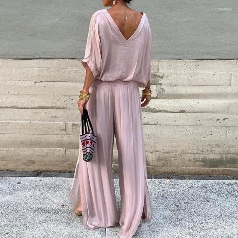 Women's Comfortable Two Piece Chiffon Set with V-Neck Blouse and Loose Pants