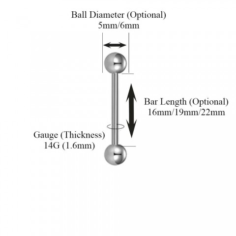 14g Steel Tongue Rod Barbell Buckle Jewelry in 16mm, 19mm, 22mm Sizes