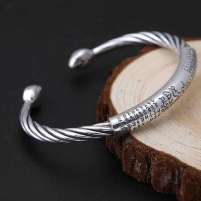 Vintage Silver Indian Lotus Open Bangle for Men Embossed Heart Sutra Tibetan Mantra Jewelry