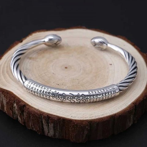 Vintage Silver Indian Lotus Open Bangle for Men Embossed Heart Sutra Tibetan Mantra Jewelry