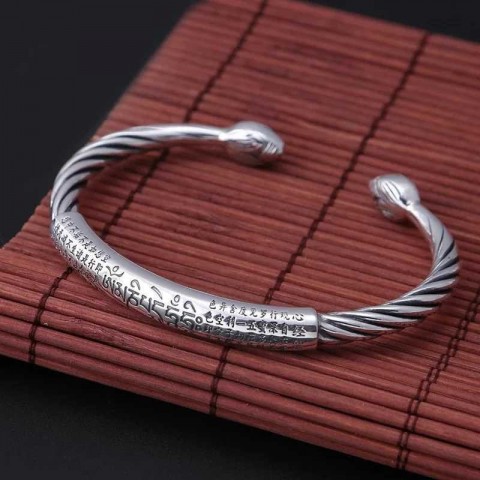 Vintage Silver Indian Lotus Open Bangle for Men Embossed Heart Sutra Tibetan Mantra Jewelry