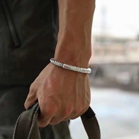 Vintage Silver Indian Lotus Open Bangle for Men Embossed Heart Sutra Tibetan Mantra Jewelry