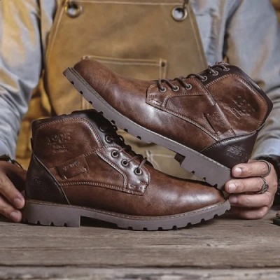 Italy Handcrafted Men's Brown Work Boots - Winter Outdoor Ankle Boots