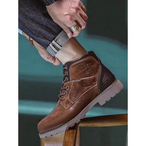 Italy Handcrafted Men's Brown Work Boots - Winter Outdoor Ankle Boots
