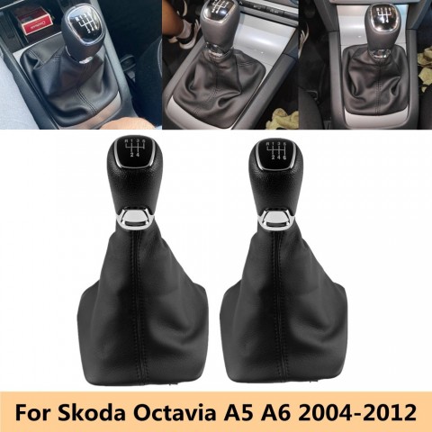Chrome Leather Gear Shift Knob with Gaitor Boot Cover for Skoda Octavia A5 A6