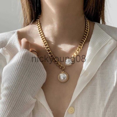 Exaggerated Gold Chain Large Pearl Pendant Necklace Women's Trendy Fashion