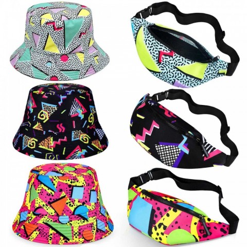 Neon 80s-90s Fanny Pack Bucket Hats Set for Men - W241024