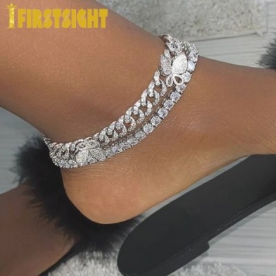 Anklets Women's Fashion CZ Rectangle Butterfly Anklet Gold Silver Bling Hiphop Jewelry