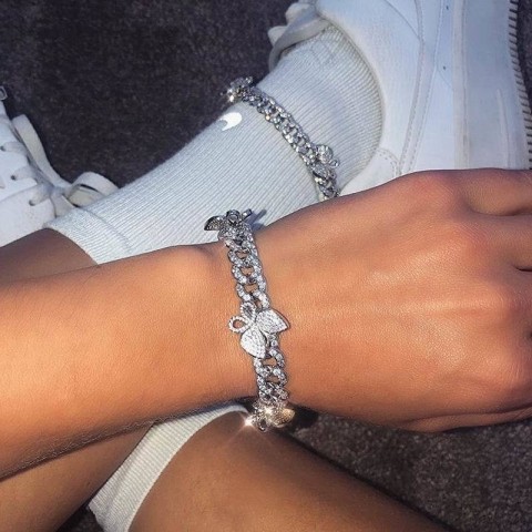 Anklets Women's Fashion CZ Rectangle Butterfly Anklet Gold Silver Bling Hiphop Jewelry