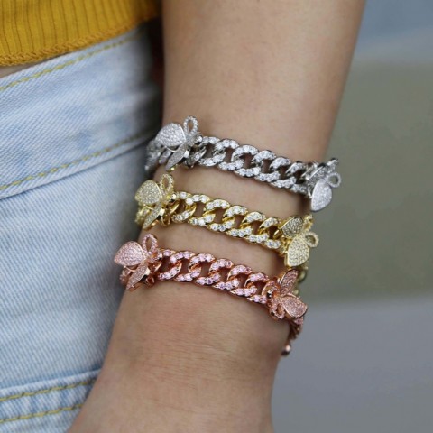 Anklets Women's Fashion CZ Rectangle Butterfly Anklet Gold Silver Bling Hiphop Jewelry