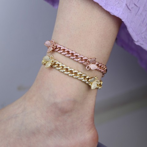 Anklets Women's Fashion CZ Rectangle Butterfly Anklet Gold Silver Bling Hiphop Jewelry