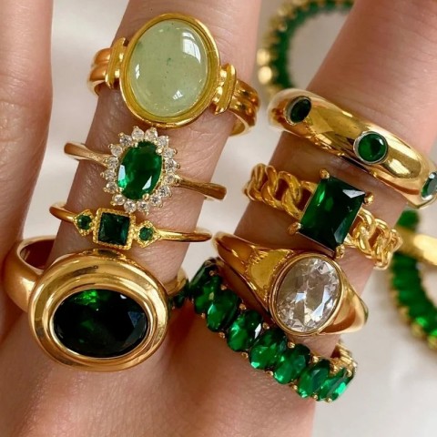 Gold Plated Stainless Steel Ring with Green Zircon Inlay for Fashionable Women
