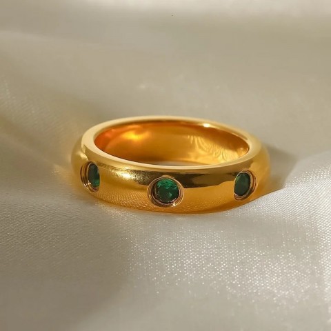 Gold Plated Stainless Steel Ring with Green Zircon Inlay for Fashionable Women