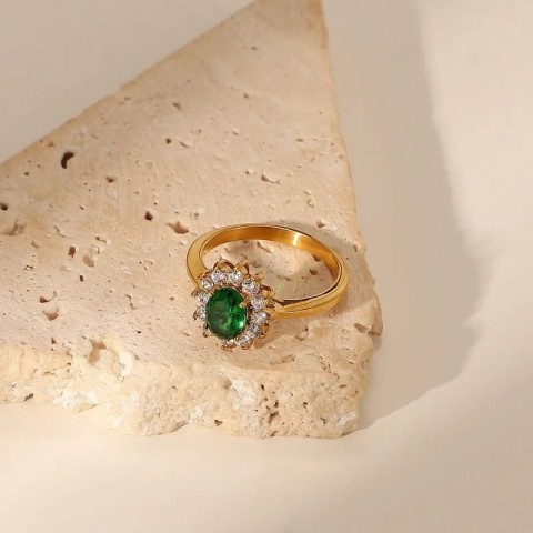 Gold Plated Stainless Steel Ring with Green Zircon Inlay for Fashionable Women
