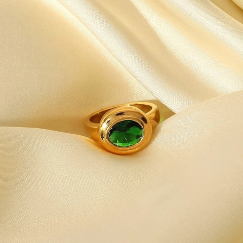 Gold Plated Stainless Steel Ring with Green Zircon Inlay for Fashionable Women