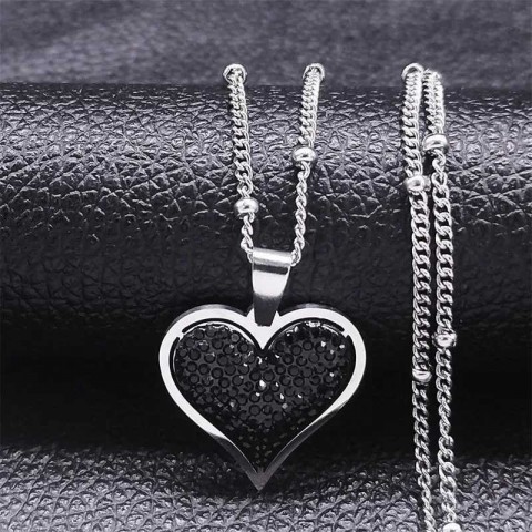 2023 Women's Black Crystal Heart Pendant Necklace, Stainless Steel Jewelry, Party Accessory by Party1