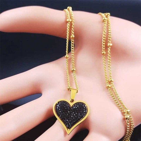 2023 Women's Black Crystal Heart Pendant Necklace, Stainless Steel Jewelry, Party Accessory by Party1