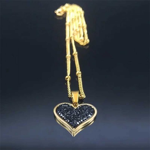 2023 Women's Black Crystal Heart Pendant Necklace, Stainless Steel Jewelry, Party Accessory by Party1