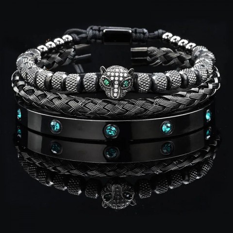 Black Leopard Head Enamel Bangle with Stainless Steel Charm - Women's Jewelry Set