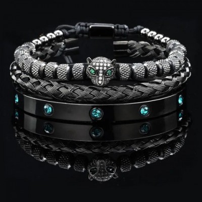 Black Leopard Head Enamel Bangle with Stainless Steel Charm - Women's Jewelry Set