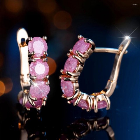 Elegant Pink Stone Hoop Earrings in Gold Tone for Women