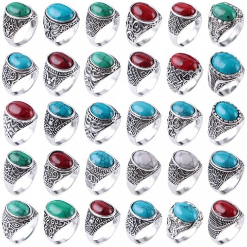 Vintage Geometry Turquoise Band Rings for Men Women