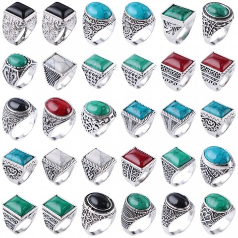 Vintage Geometry Turquoise Band Rings for Men Women