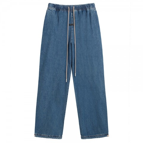 24SS Stylish Oversize Washed Denim Trousers with Elastic Waist for Men