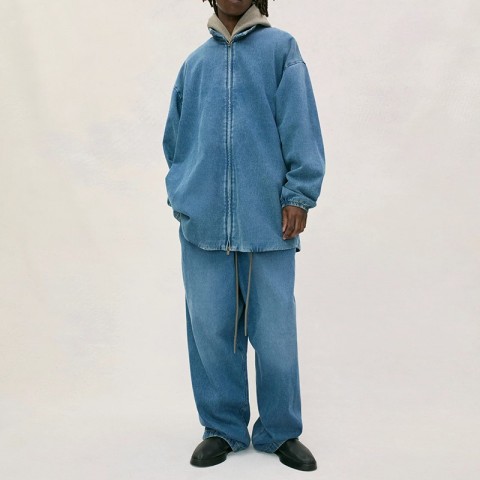 24SS Stylish Oversize Washed Denim Trousers with Elastic Waist for Men
