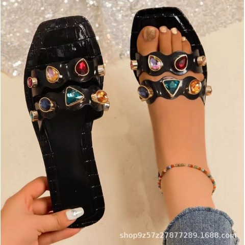 Flat Bottomed Square Toe Crystal Slippers - New Fashionable Women's Summer Outdoor Slippers