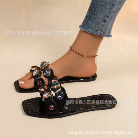 Flat Bottomed Square Toe Crystal Slippers - New Fashionable Women's Summer Outdoor Slippers