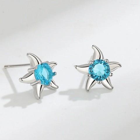 Ocean-Inspired Stud Earrings in Blue, Sterling Silver, Genuine Starfish Design for Women