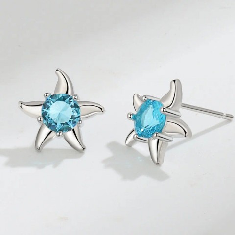 Ocean-Inspired Stud Earrings in Blue, Sterling Silver, Genuine Starfish Design for Women