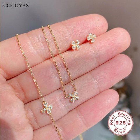 CCFJOYAS Women's 925 Sterling Silver Flower Necklace Earring Set with 18k Gold Plating