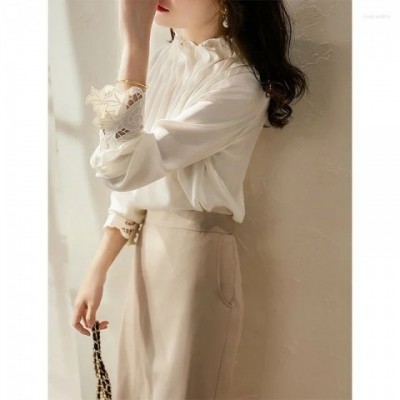 Elegant Women's Spring Blouse with Ruffles and Hollow Out Design by BrandName