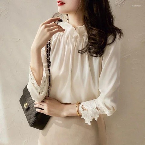Elegant Women's Spring Blouse with Ruffles and Hollow Out Design by BrandName