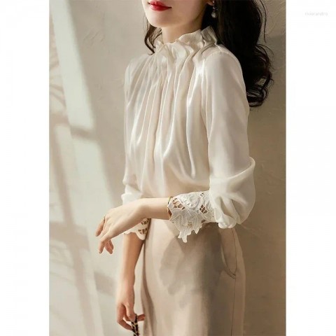 Elegant Women's Spring Blouse with Ruffles and Hollow Out Design by BrandName