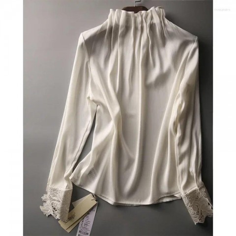 Elegant Women's Spring Blouse with Ruffles and Hollow Out Design by BrandName