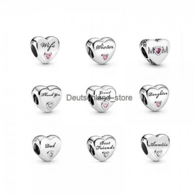 Sterling Silver Heart Beads Charms for Women - S925 Loose Jewelry Beads