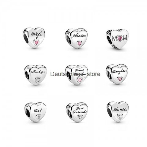 Sterling Silver Heart Beads Charms for Women - S925 Loose Jewelry Beads