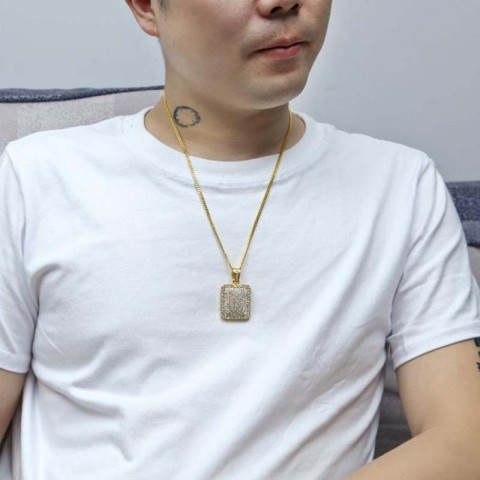 2024 Trendy Men's Hip Hop Rhinestone Pendant Necklace, Gold Filled Cuban Chain