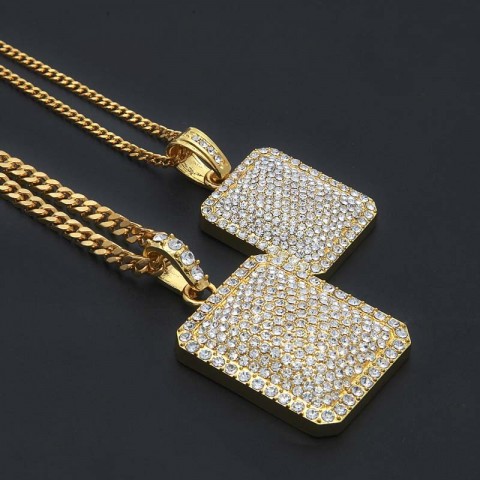 2024 Trendy Men's Hip Hop Rhinestone Pendant Necklace, Gold Filled Cuban Chain