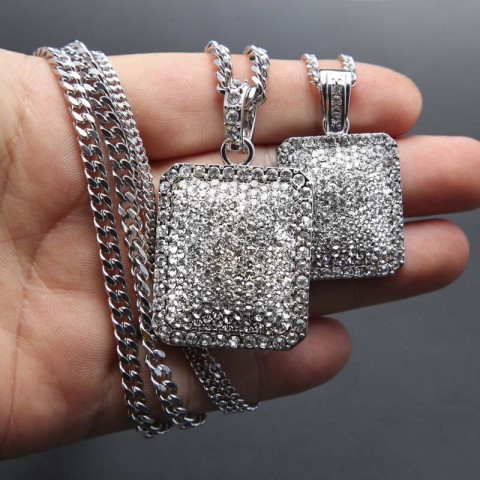 2024 Trendy Men's Hip Hop Rhinestone Pendant Necklace, Gold Filled Cuban Chain
