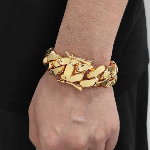 Mens Heavy Brass Cuban Link Beaded Bracelet, Chunky Hip Hop Jewelry For Boys
