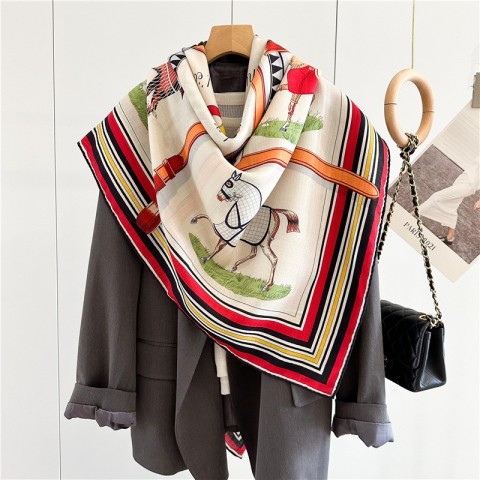 Luxury Silk Scarf for Women with Horse Print Design, 90x90cm, Lightweight and Elegant CL250113