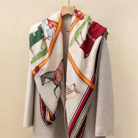 Luxury Silk Scarf for Women with Horse Print Design, 90x90cm, Lightweight and Elegant CL250113