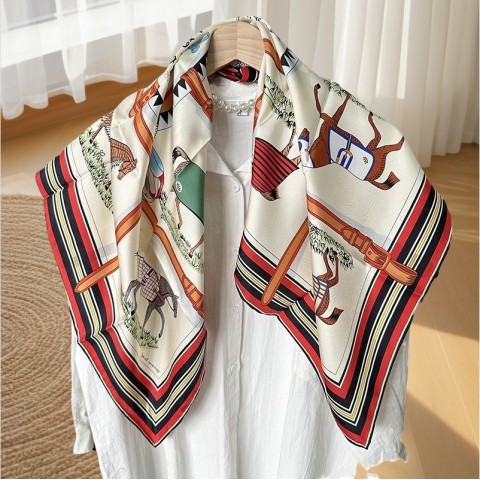 Luxury Silk Scarf for Women with Horse Print Design, 90x90cm, Lightweight and Elegant CL250113