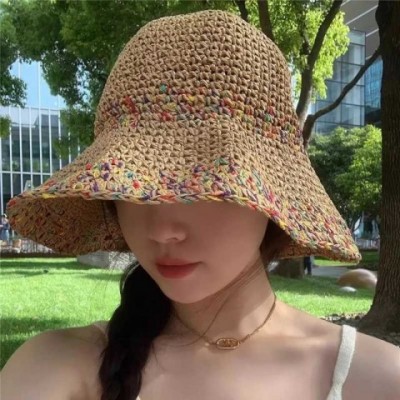 Women's Summer Straw Bucket Hat with Wide Brim and Rainbow Design XJ250329