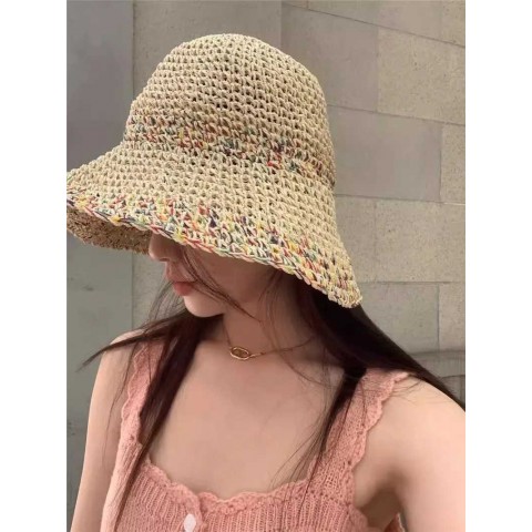 Women's Summer Straw Bucket Hat with Wide Brim and Rainbow Design XJ250329